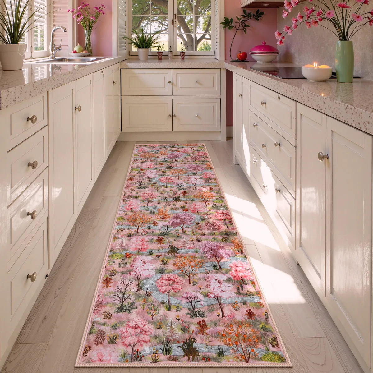 Covaba forest woodland runner rug in blush clay, styled in a room setting