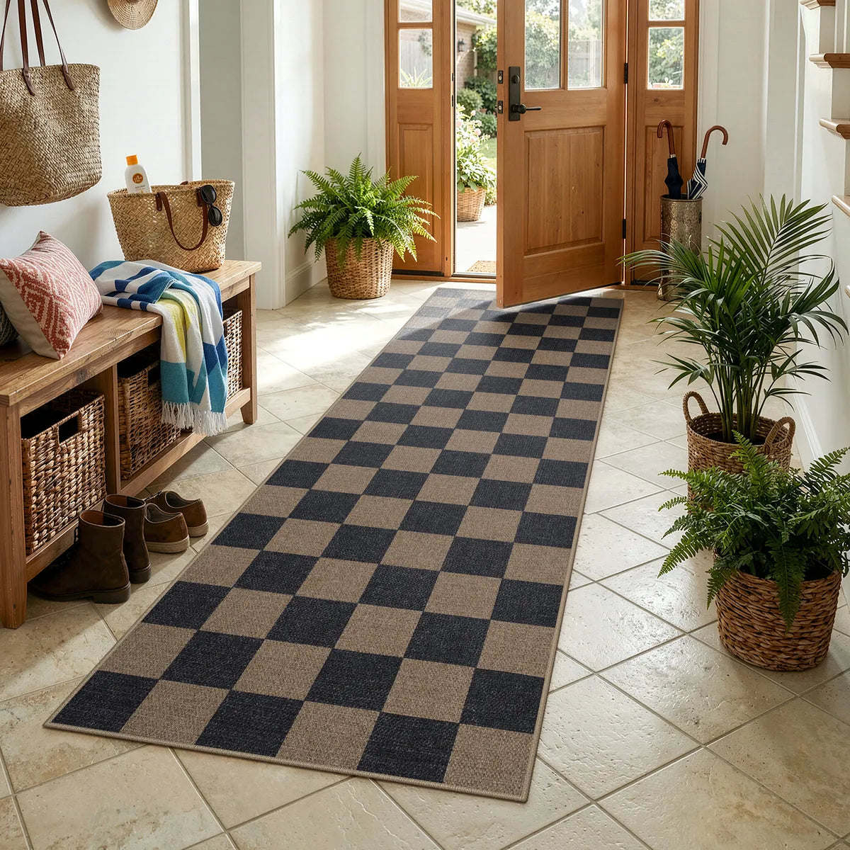 Covaba checkered easy jute indoor/outdoor runner rug in coffee brown, styled in a room setting