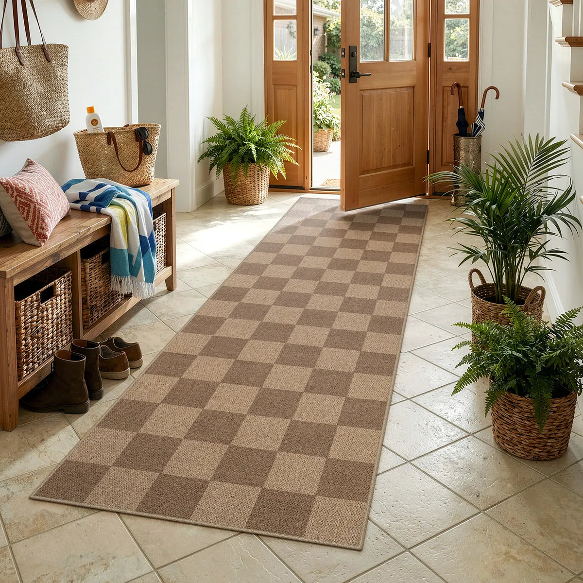 Covaba checkered easy jute indoor/outdoor runner rug in dune khaki, styled in a room setting
