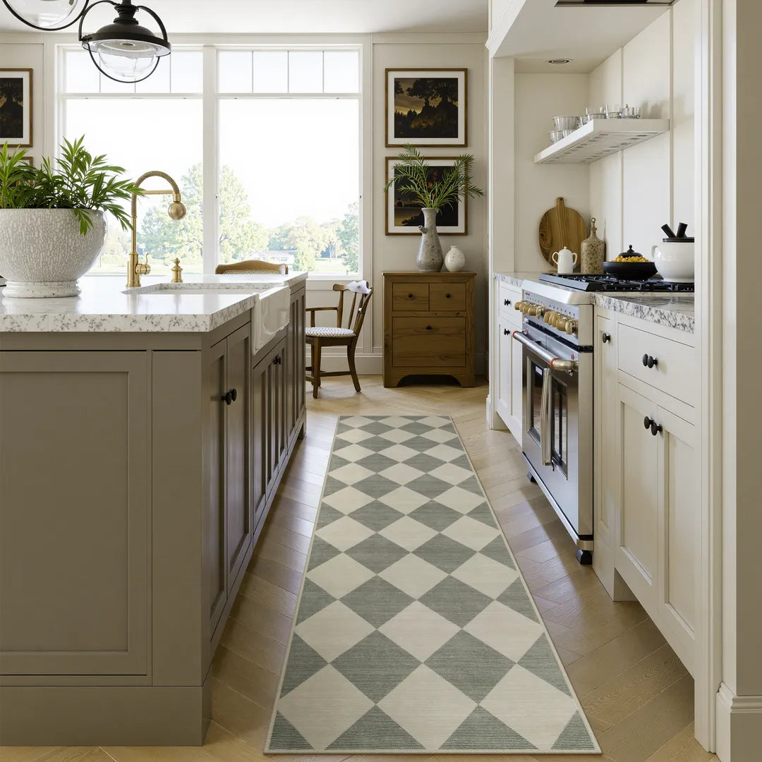 Covaba modern geometric checkered runner rug in fern green, styled in a room setting