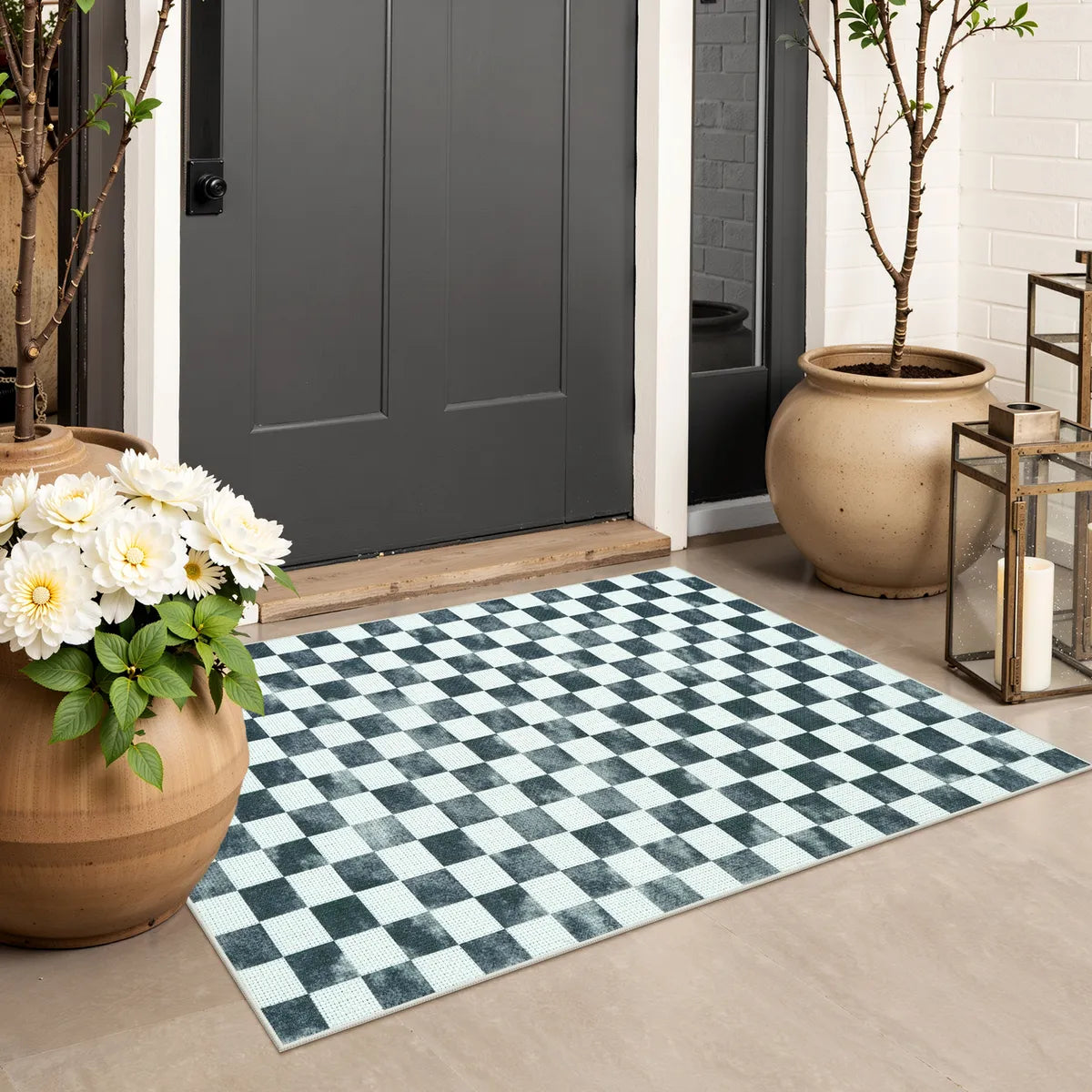 Covaba check soft easy jute black/white indoor/outdoor doormat in soft white, styled in a room setting