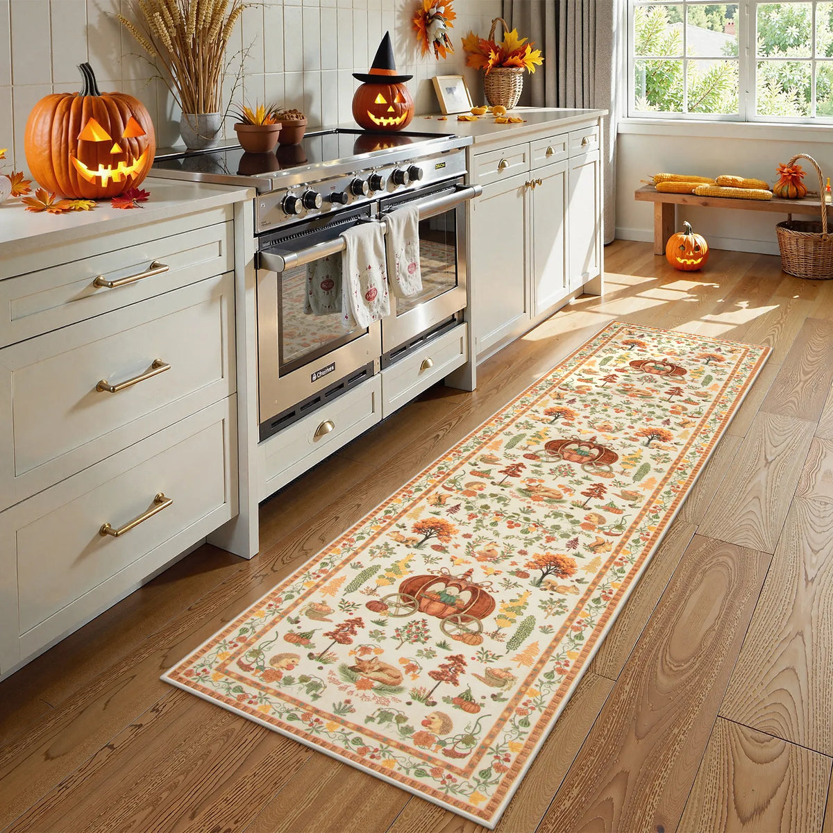 Covaba halloween pumpkin area rug in golden wheat, styled in a room setting