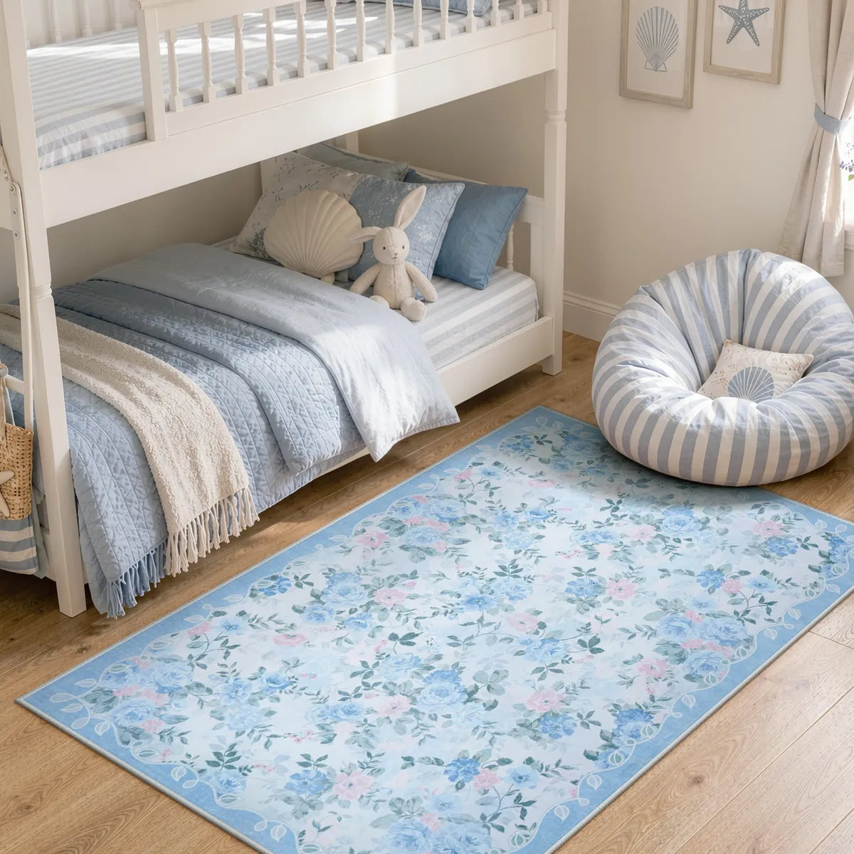Covaba romantic vintage floral rose garden area rug in stormy blue, styled in a room setting