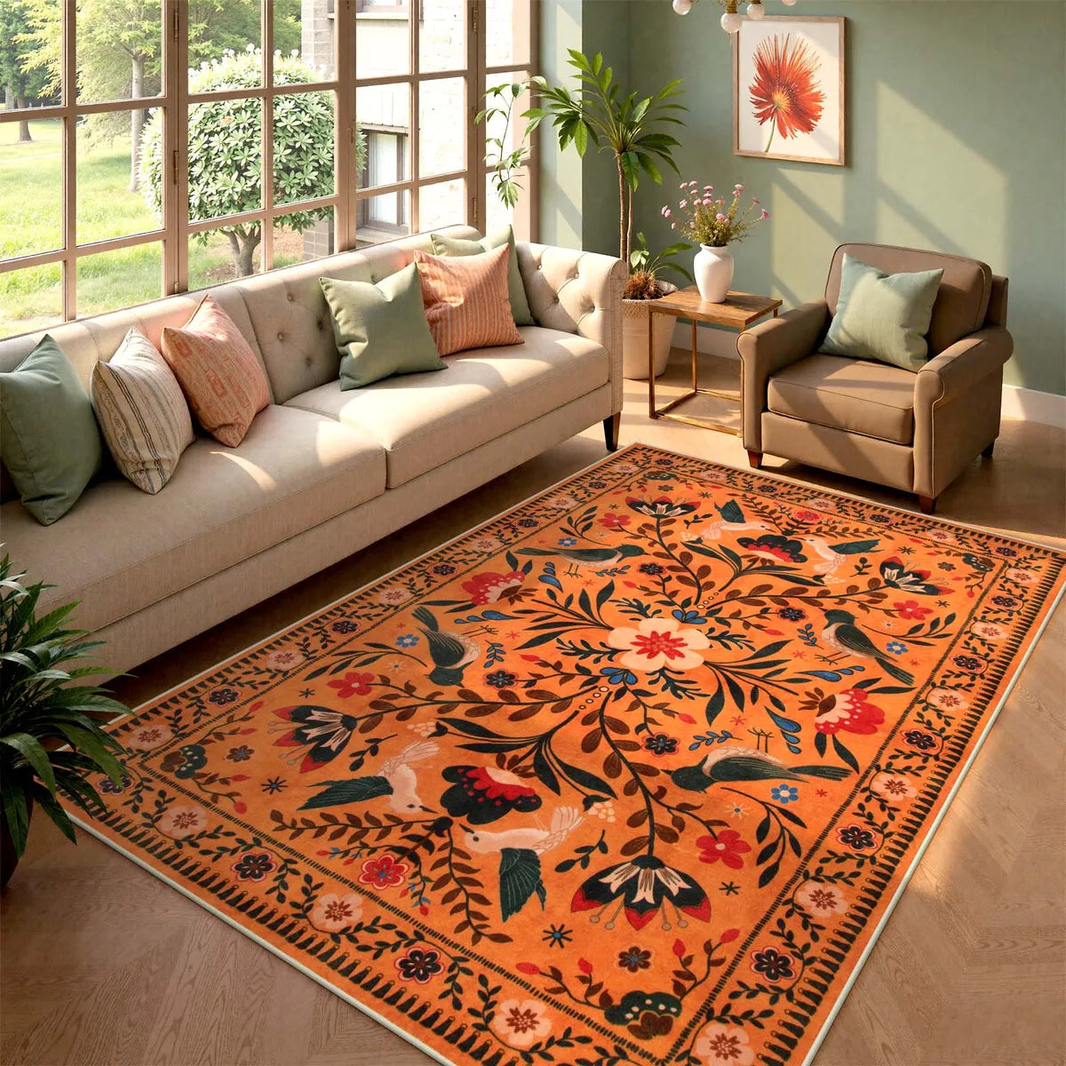 Covaba boho birdsong floral garden area rug in amber clay, styled in a room setting