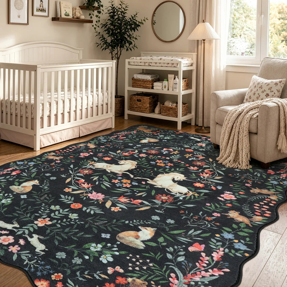 Covaba maximalist unicorn garden scalloped area rug in ink black, styled in a room setting