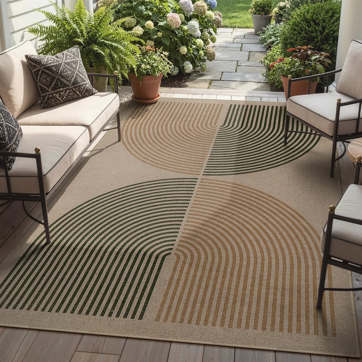 Covaba rainbow easy jute black/beige indoor/outdoor area rug in warm beige, styled in a room setting