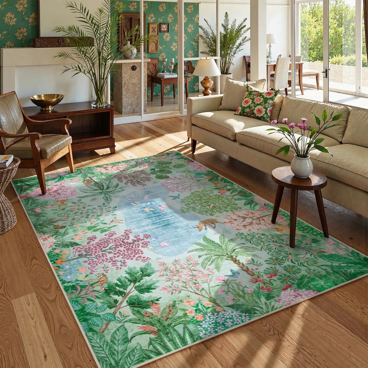 Covaba jungle botanical spring area rug in fern green, styled in a room setting