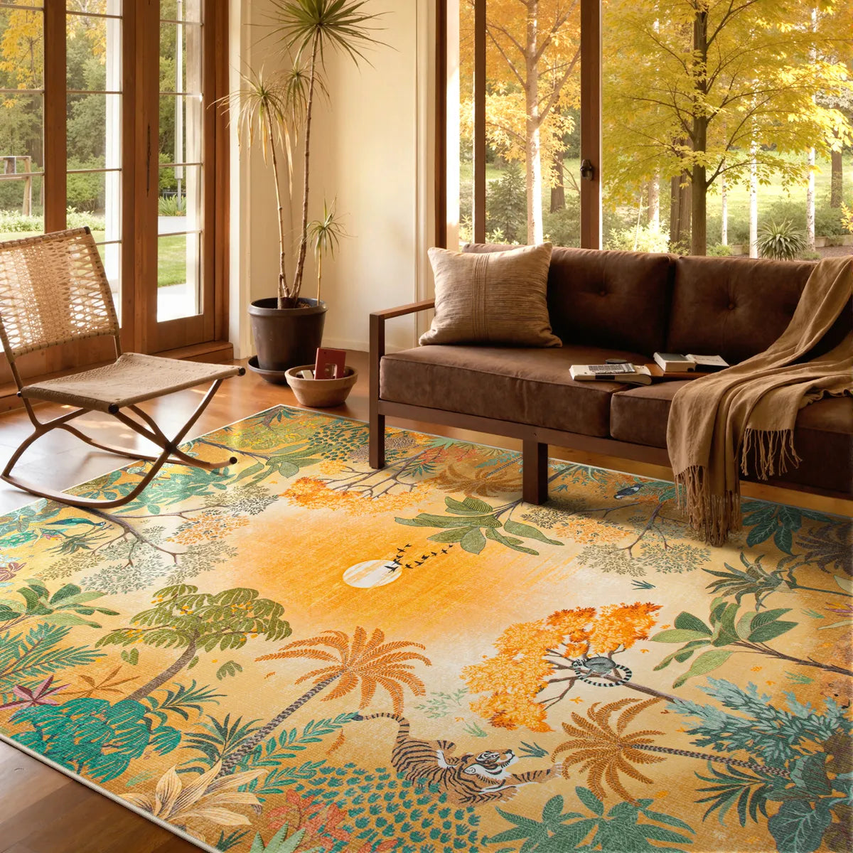 Covaba jungle fall sunrise area rug in amber clay, styled in a room setting