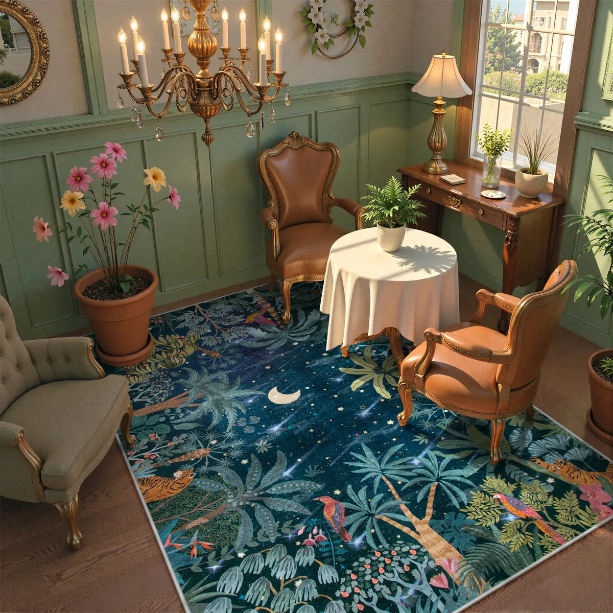 Covaba jungle midnight area rug in stormy blue, styled in a room setting