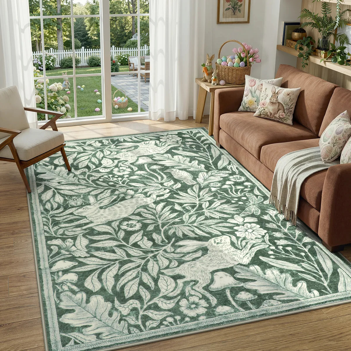 Covaba vintage woodcut forest and rabbit area rug in fern green, styled in a room setting
