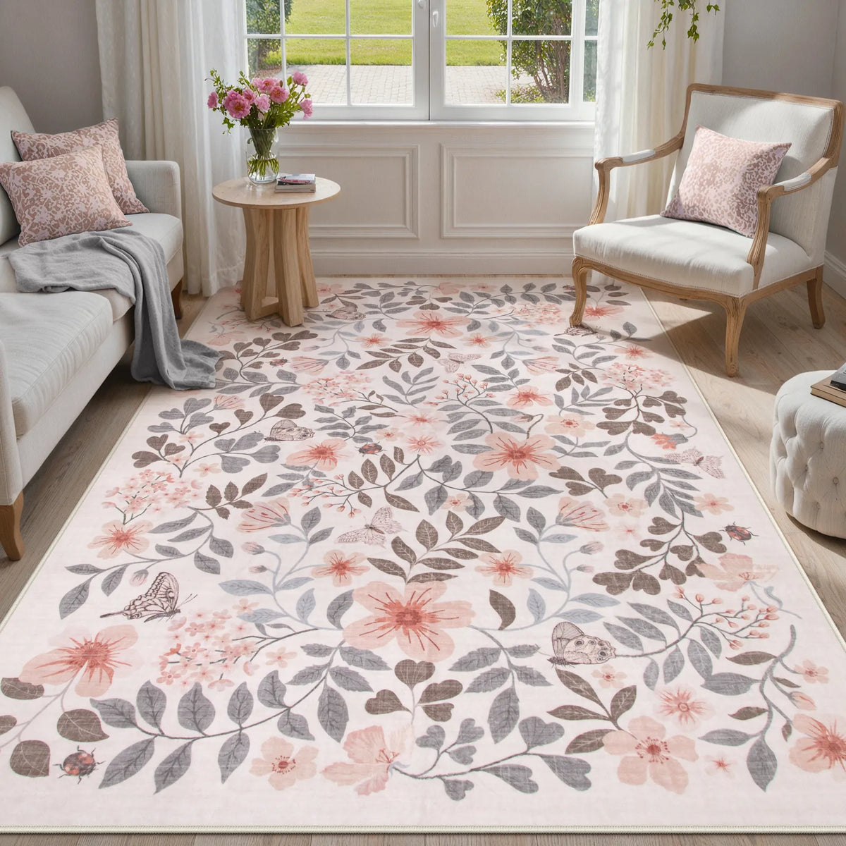 Covaba vintage botanical floral area rug in warm beige, styled in a room setting