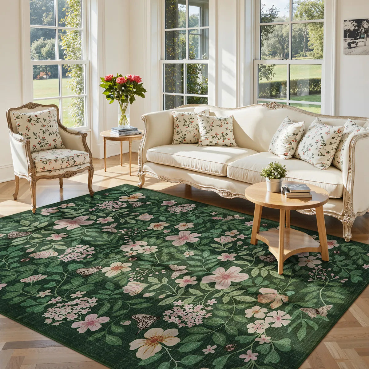 Covaba vintage botanical floral area rug in fern green, styled in a room setting
