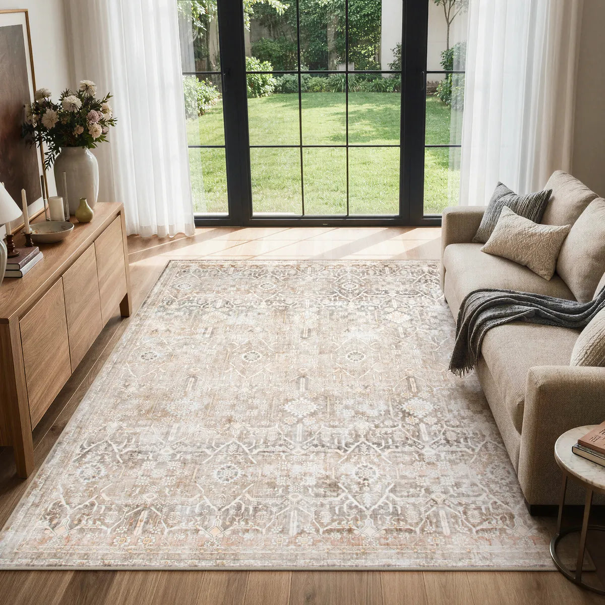 Covaba vintage sand area rug in warm beige, styled in a room setting