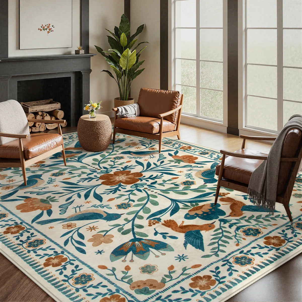 Covaba boho birdsong floral garden area rug in warm beige, styled in a room setting