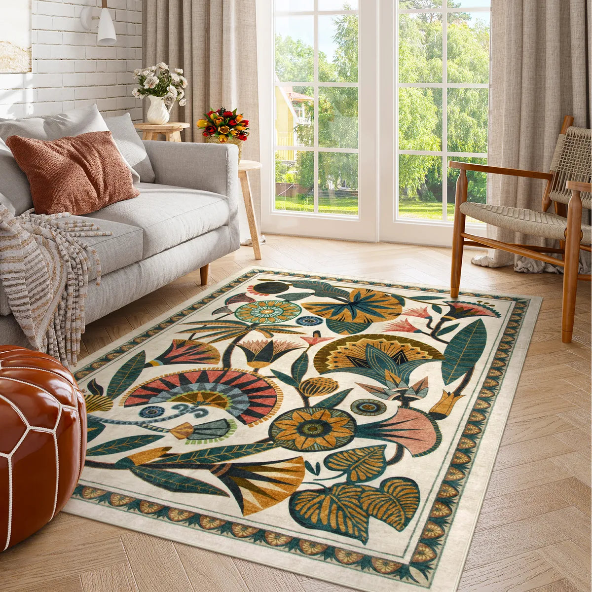 Covaba egyptian-inspired botanical area rug in ivory cream, styled in a room setting