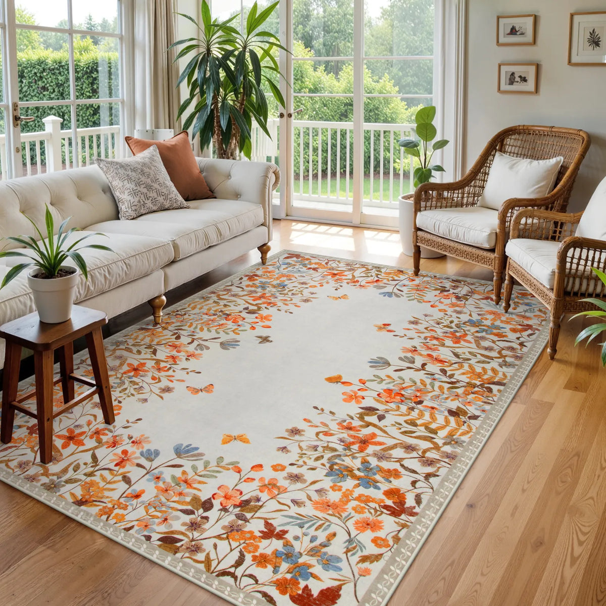 Covaba modern blooming floral garden area rug in golden wheat, styled in a room setting