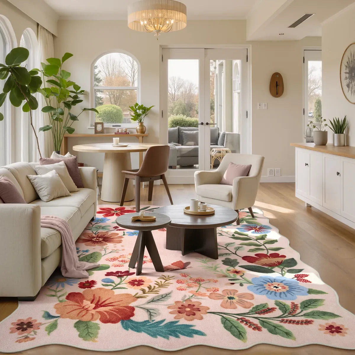 Covaba boho modern parisian floral scalloped area rug in soft blush, styled in a room setting