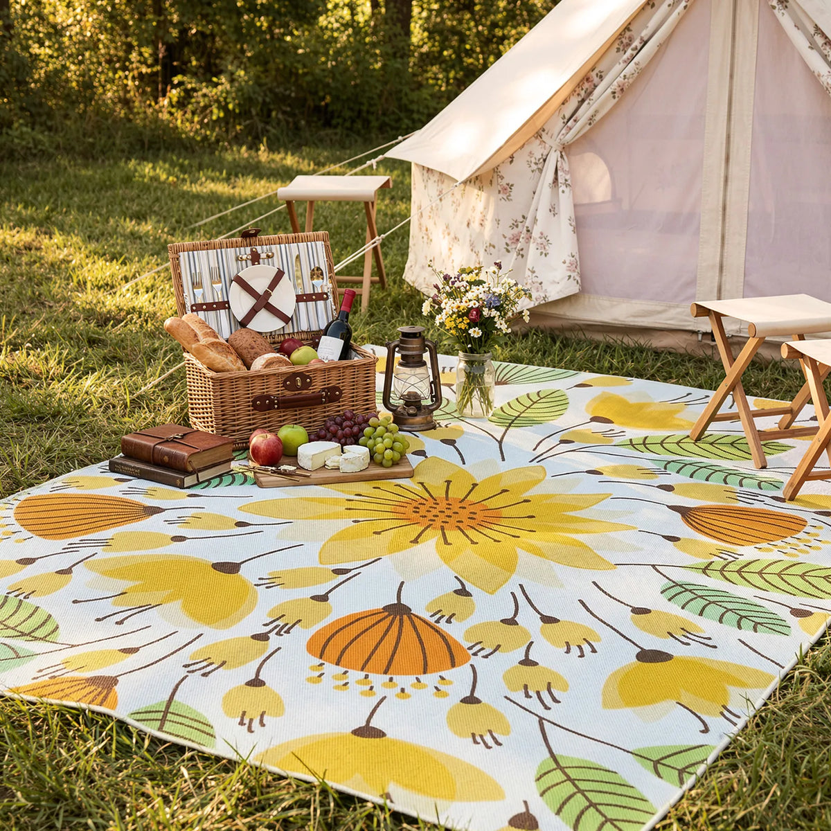 Covaba floral indoor outdoor area rug in golden wheat, styled in a room setting