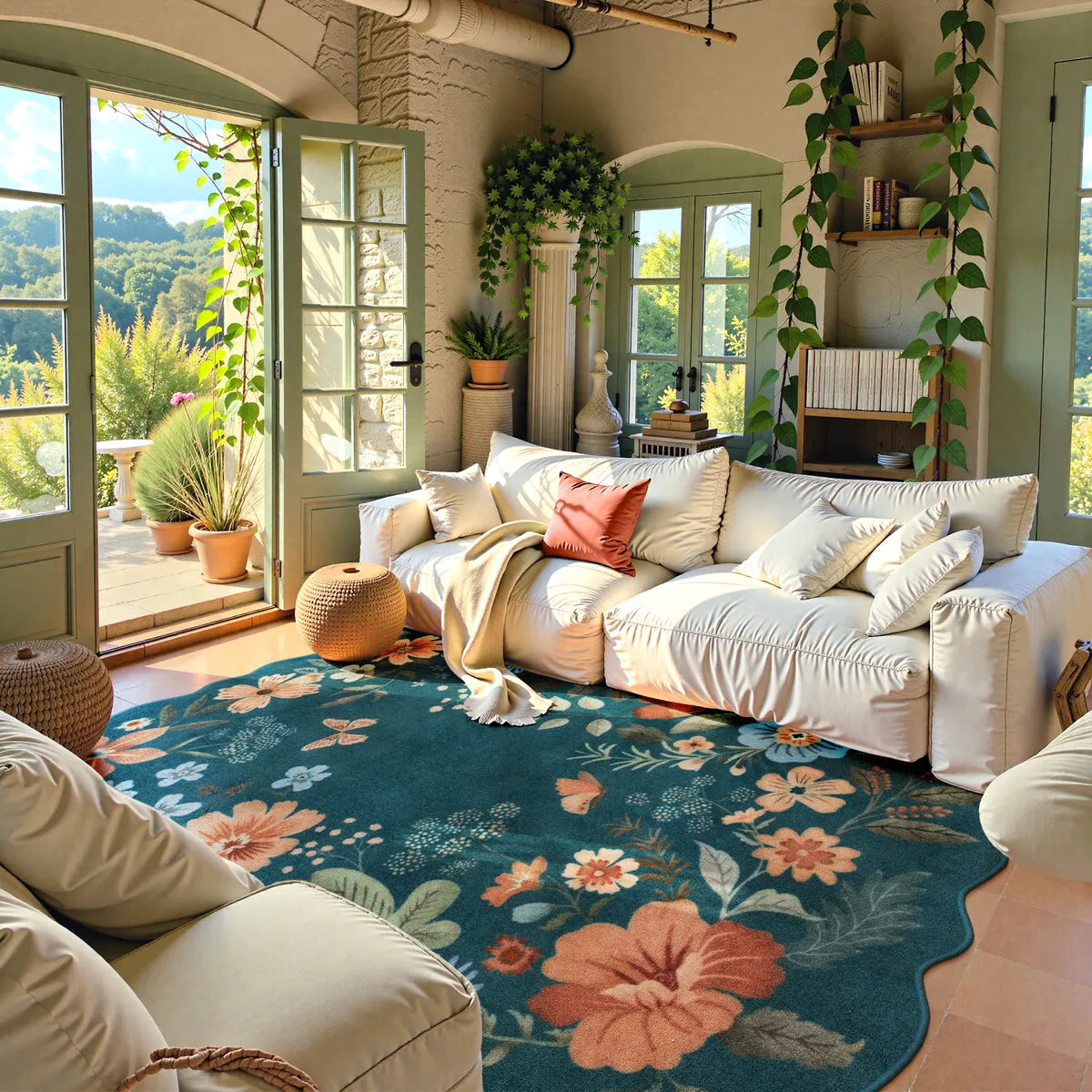 Covaba boho modern parisian floral scalloped area rug in deep navy, styled in a room setting