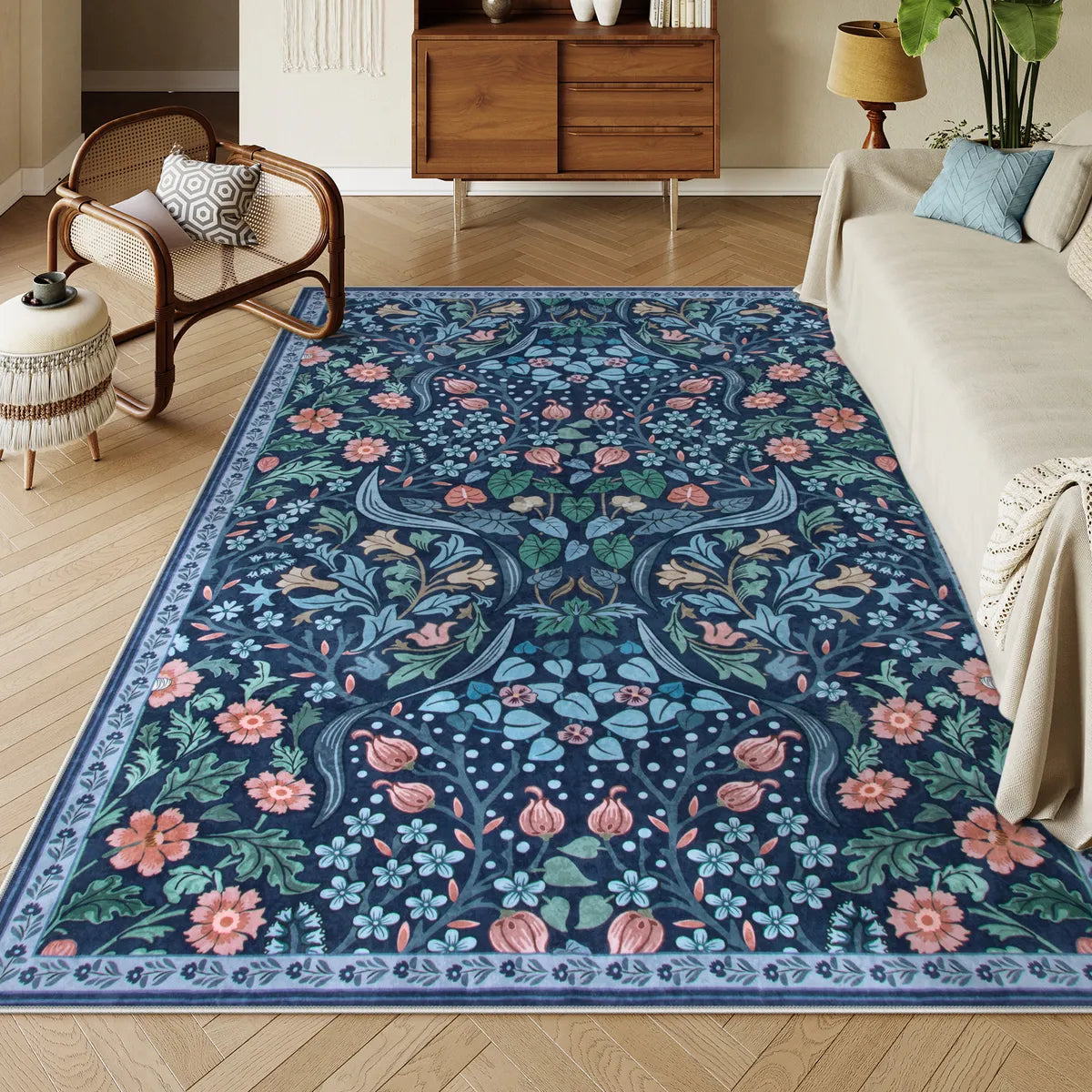 Covaba maximalism vibrant floral area rug in stormy blue, styled in a room setting