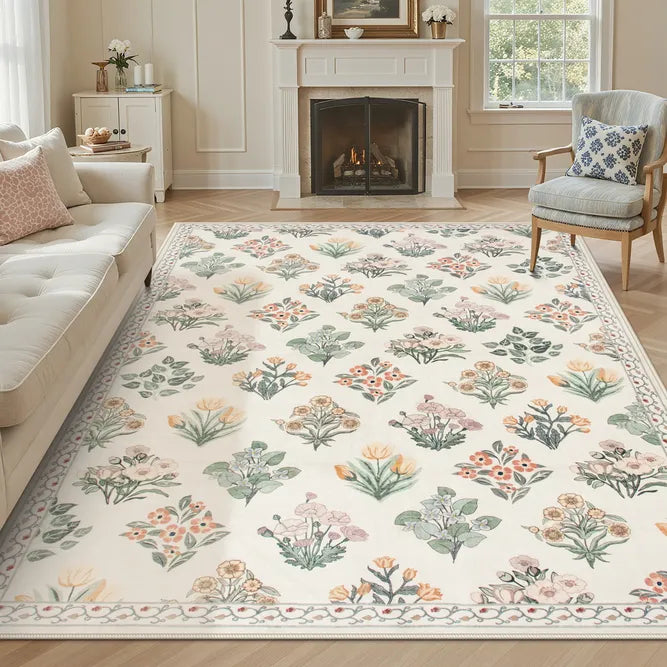 Covaba meadow floral area rug in warm beige, styled in a room setting