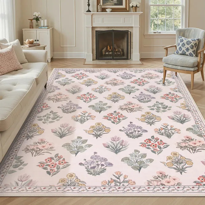 Covaba meadow floral area rug in blush clay, styled in a room setting