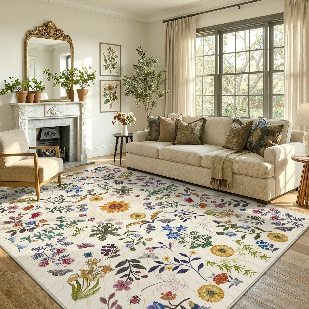 Covaba boho botanical floral area rug in warm beige, styled in a room setting