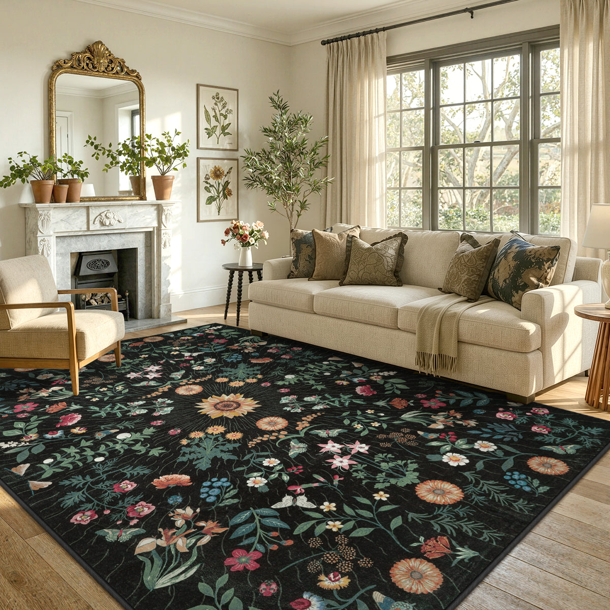 Covaba boho botanical floral area rug in ink black, styled in a room setting