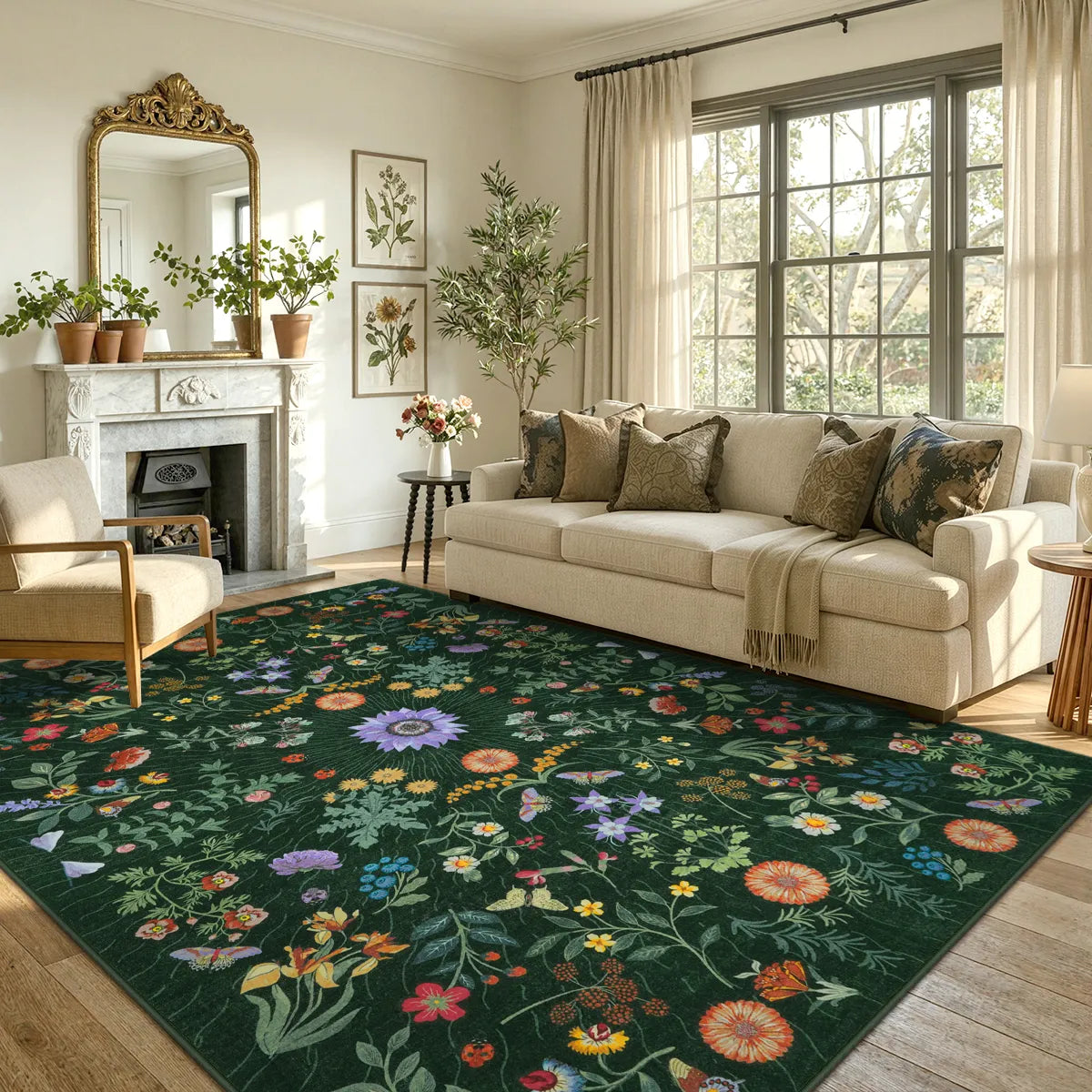 Covaba boho botanical floral area rug in fern green, styled in a room setting