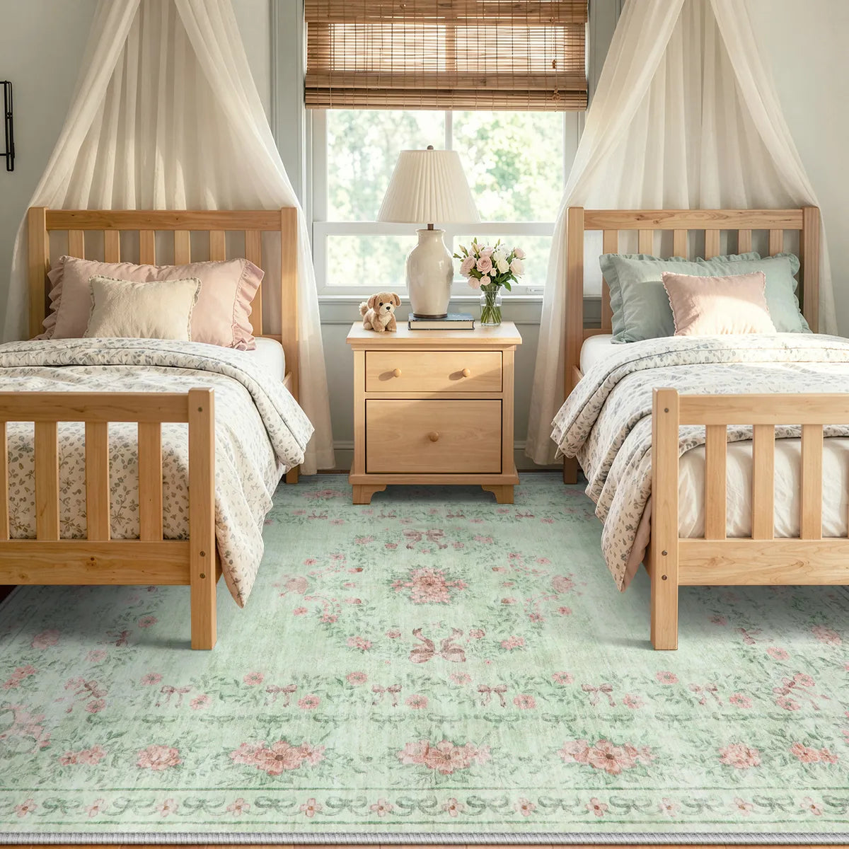 Covaba vintage traditional floral area rug in fern green, styled in a room setting