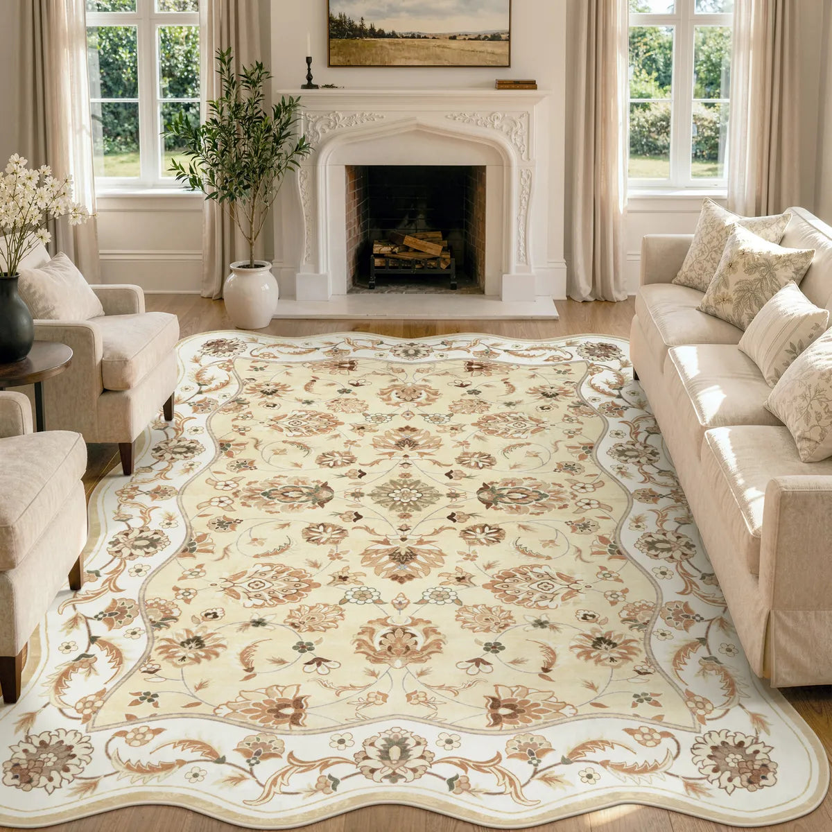 Covaba vintage botanical scalloped area rug in warm beige, styled in a room setting