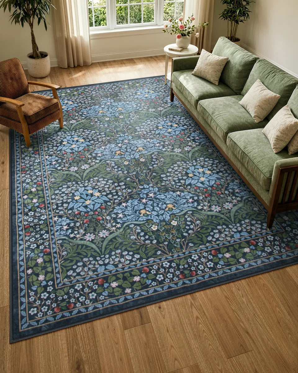 Covaba maximalism vintage french floral area rug in stormy blue, styled in a room setting