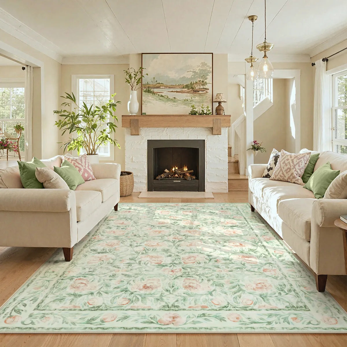 Covaba vintage floral area rug in soft green, styled in a room setting