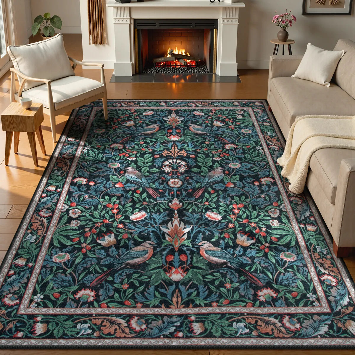 Covaba vintage floral bird royal area rug in stormy blue, styled in a room setting
