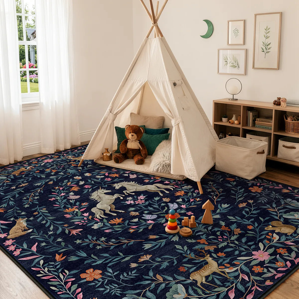 Covaba fantasy garden and unicorn area rug in deep navy, styled in a room setting