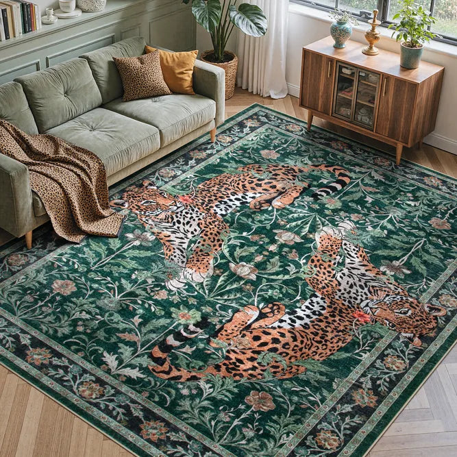 Covaba vintage leopard area rug in fern green, styled in a room setting