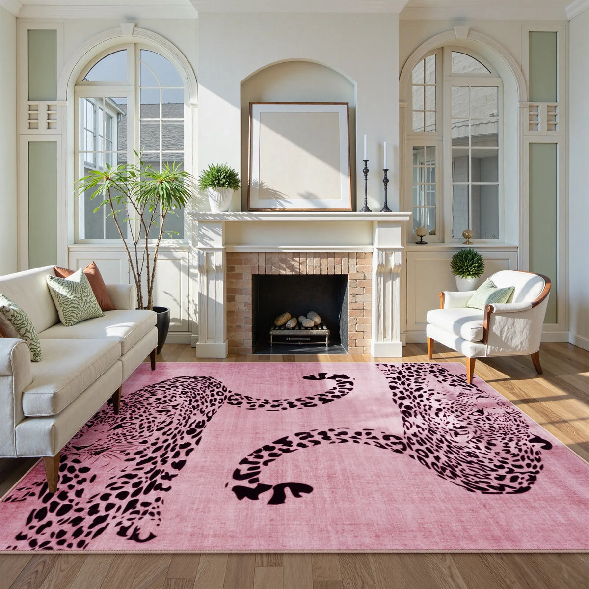 Covaba modern safari leopard area rug in blush clay, styled in a room setting