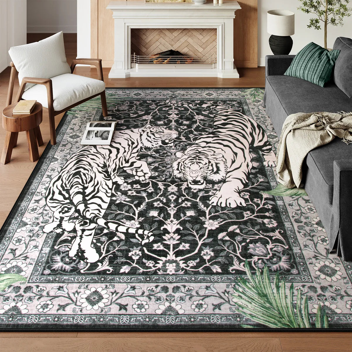 Covaba wild tiger area rug in ink black, styled in a room setting