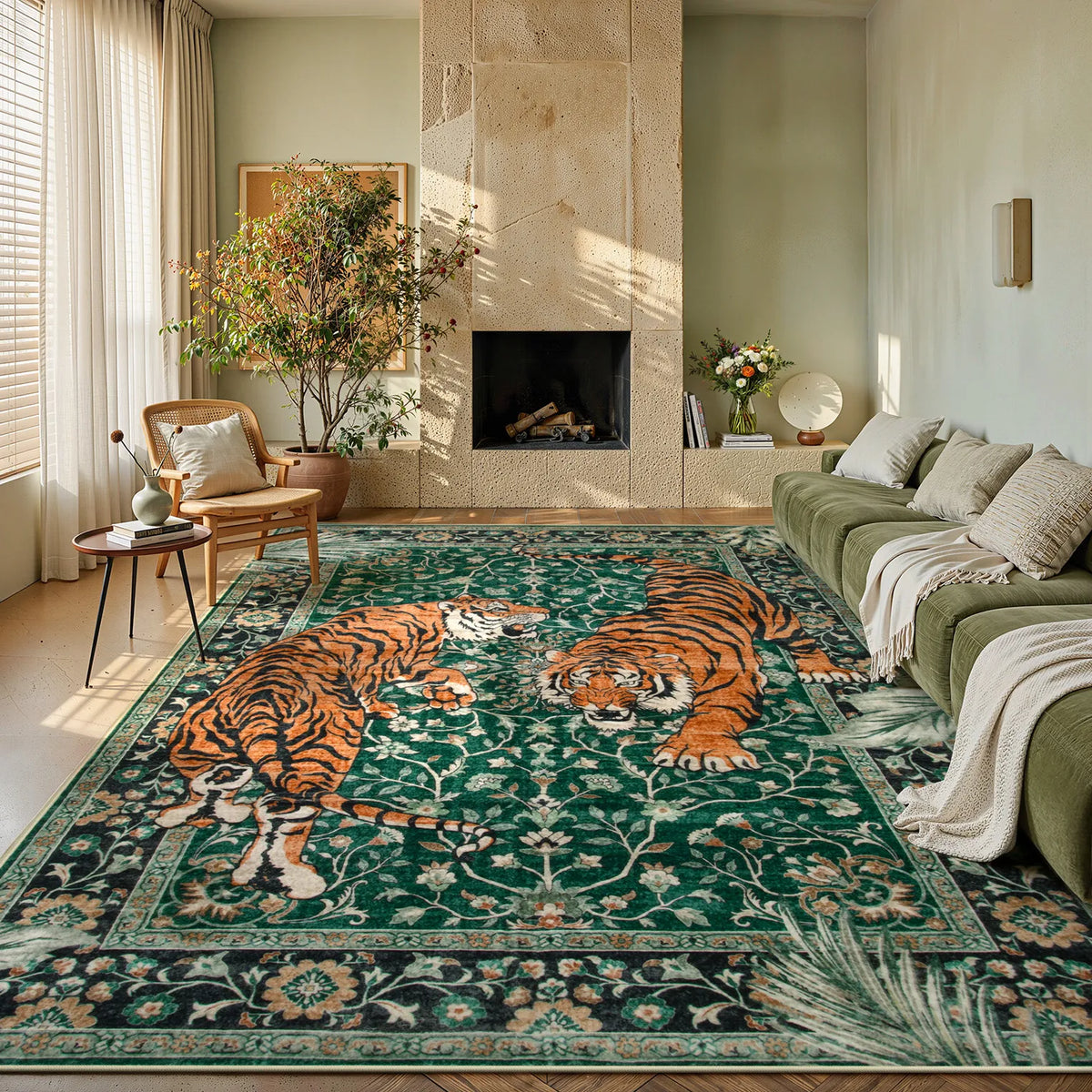 Covaba wild tiger area rug in fern green, styled in a room setting