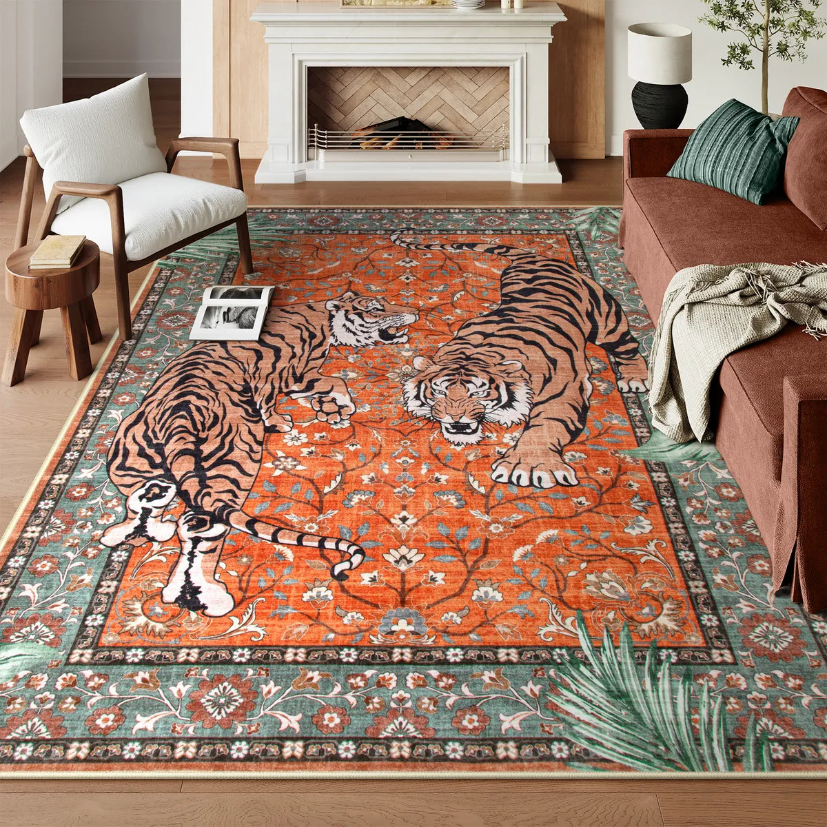 Covaba wild tiger area rug in burnt rust, styled in a room setting
