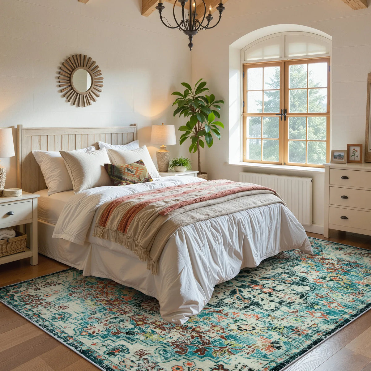 Covaba bohemian floral medallion area rug in teal haze, styled in a room setting