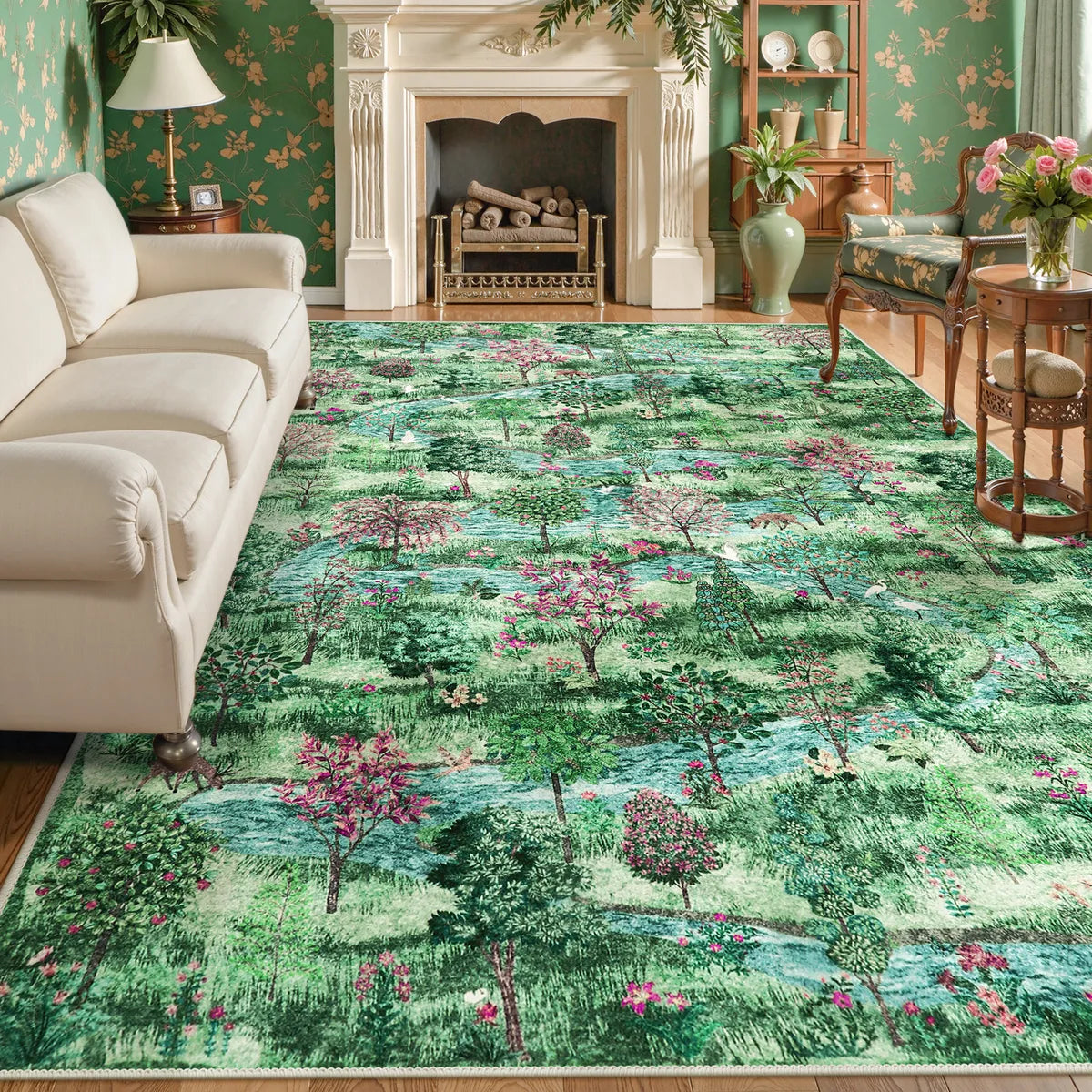 Covaba forest woodland area rug in fern green, styled in a room setting