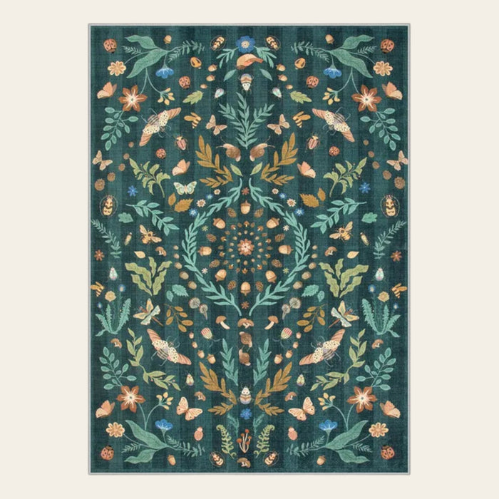 Covaba boho insect botanical floral area rug in forest fern, shown flat on a plain ivory backdrop