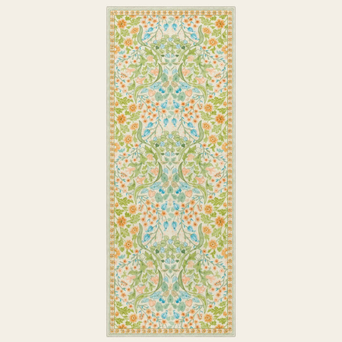 Covaba maximalism vibrant floral runner rug in sage mist, shown flat on a plain ivory backdrop