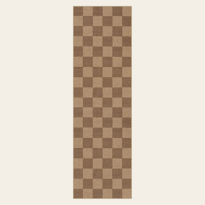Covaba checkered easy jute indoor/outdoor runner rug in dune khaki, shown flat on a plain ivory backdrop