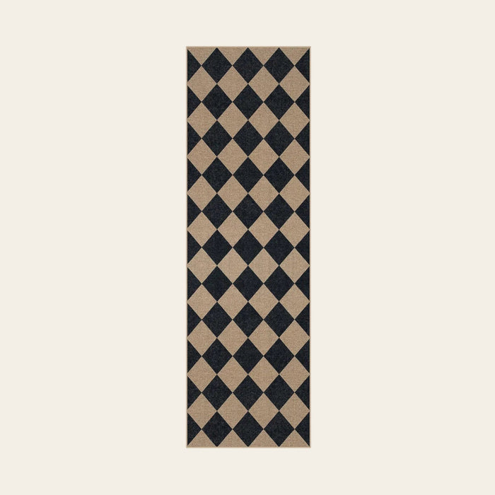 Covaba geometric checkered easy jute indoor/outdoor runner rug in coffee brown, shown flat on a plain ivory backdrop