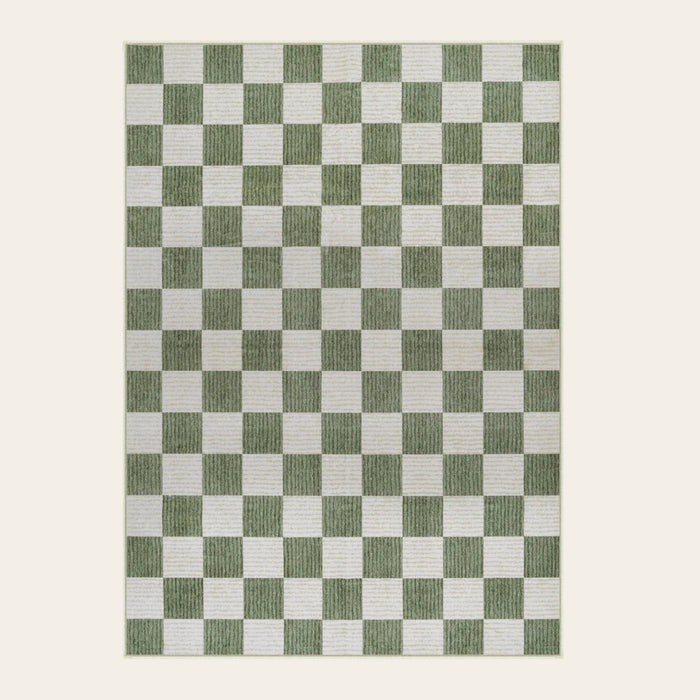 Covaba modern checkerboard area rug in olive grove, shown flat on a plain ivory backdrop