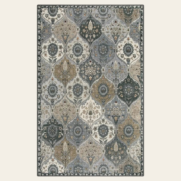 Covaba ultra-thin vintage floral moroccan trellis area rug in pearl grey, shown flat on a plain ivory backdrop