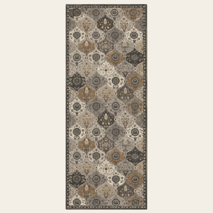 Covaba ultra-thin vintage floral moroccan trellis runner rug in pearl grey, shown flat on a plain ivory backdrop