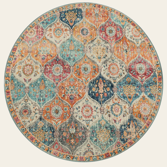 Covaba ultra-thin vintage floral moroccan trellis and round rug in faded rose, shown flat on a plain ivory backdrop